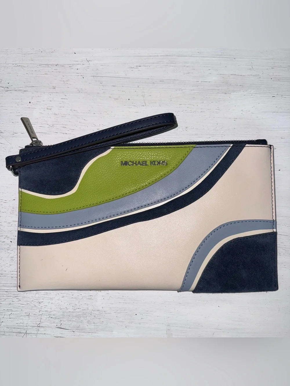 Michael Kors Jet Set Travel Large Patchwork Wristlet Green and Blue Suede Wave